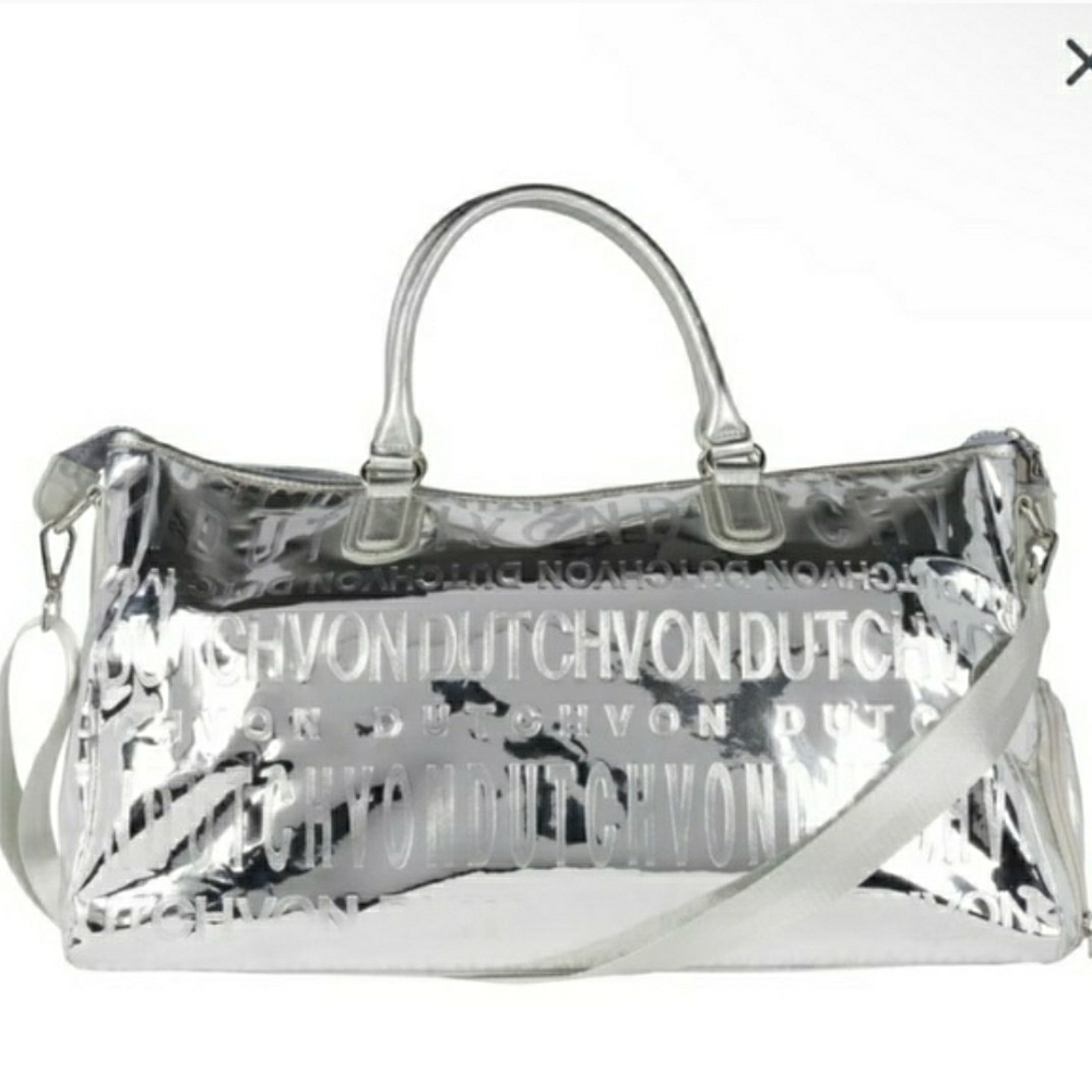NWT! Von Dutch Metallic Silver Mirrored Weekender Gym Duffel Bag (Retail $379) - Picture 8 of 16